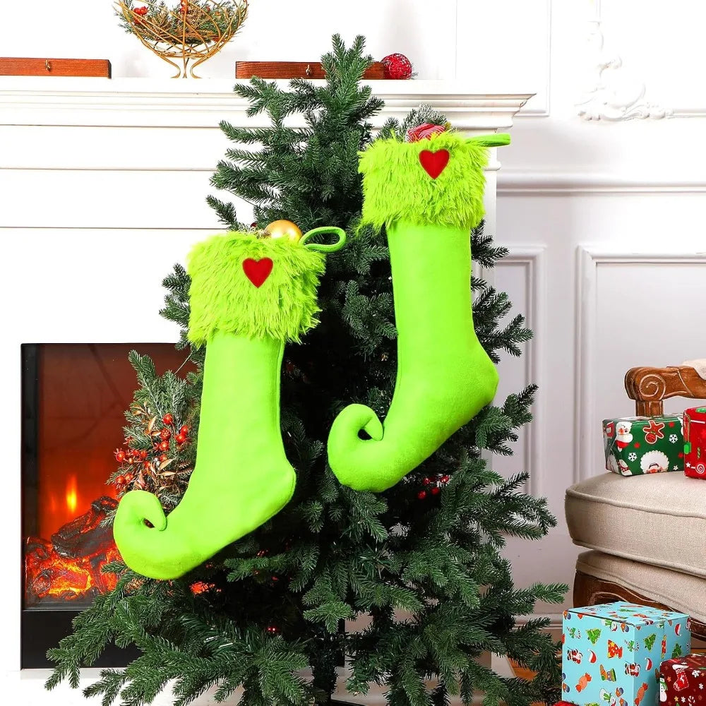 1/2/4Pcs Lime Green Elf Christmas Stockings, Faux Fur Red Heart Xmas Candy Treat Bag Fireplace Mantel Holiday Decor