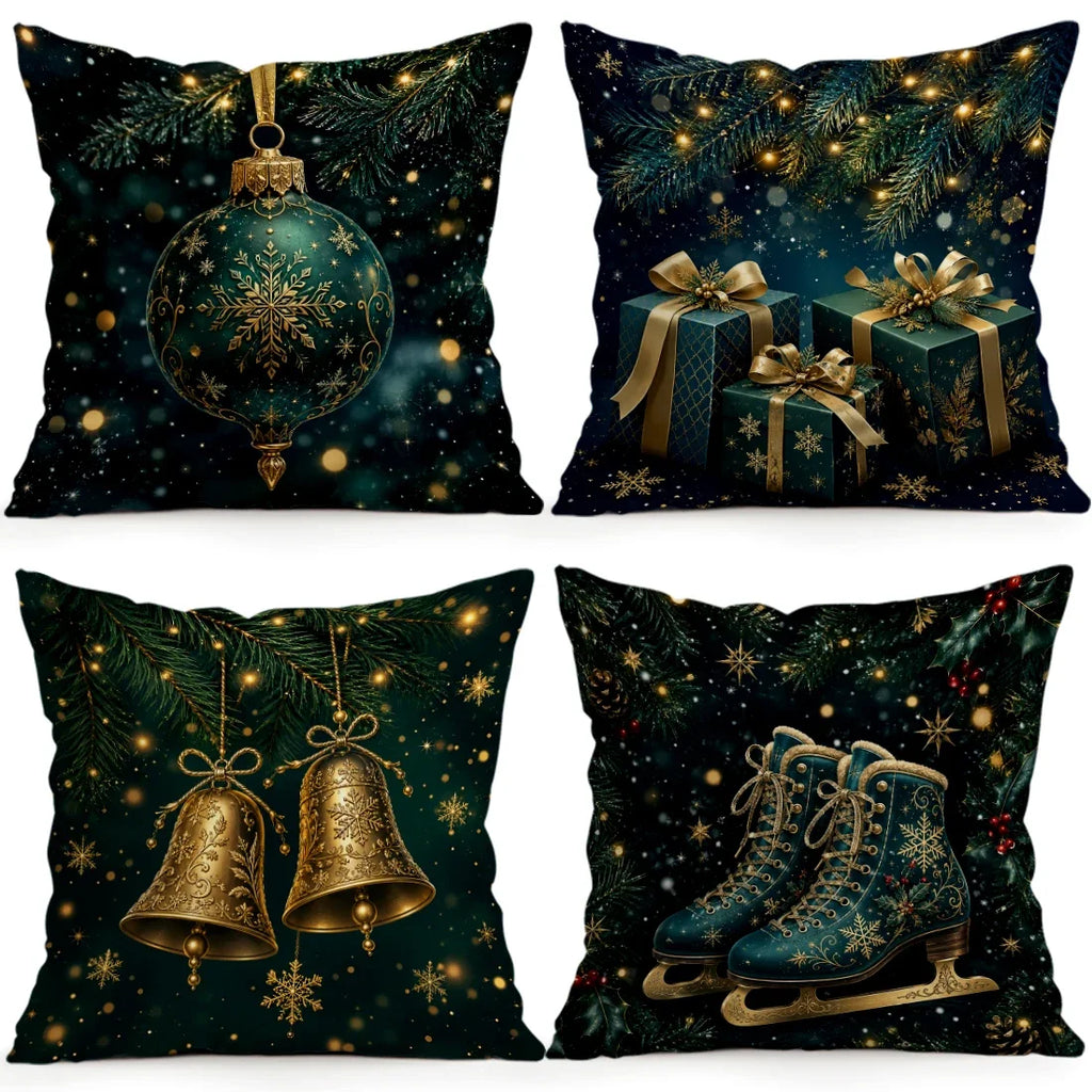 Housse de coussin décorative de Noël avec accessoires dorés, taie d'oreiller en polyester pour décoration de maison, voiture ou canapé