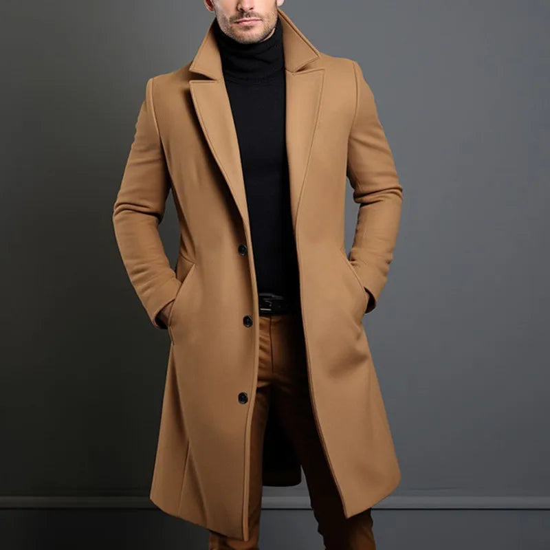Autumn Winter Long Woolen Trench Coats Men Solid England Style Smart Casual Wool Blends Coat Turn Down Collar Warm Male Clothing