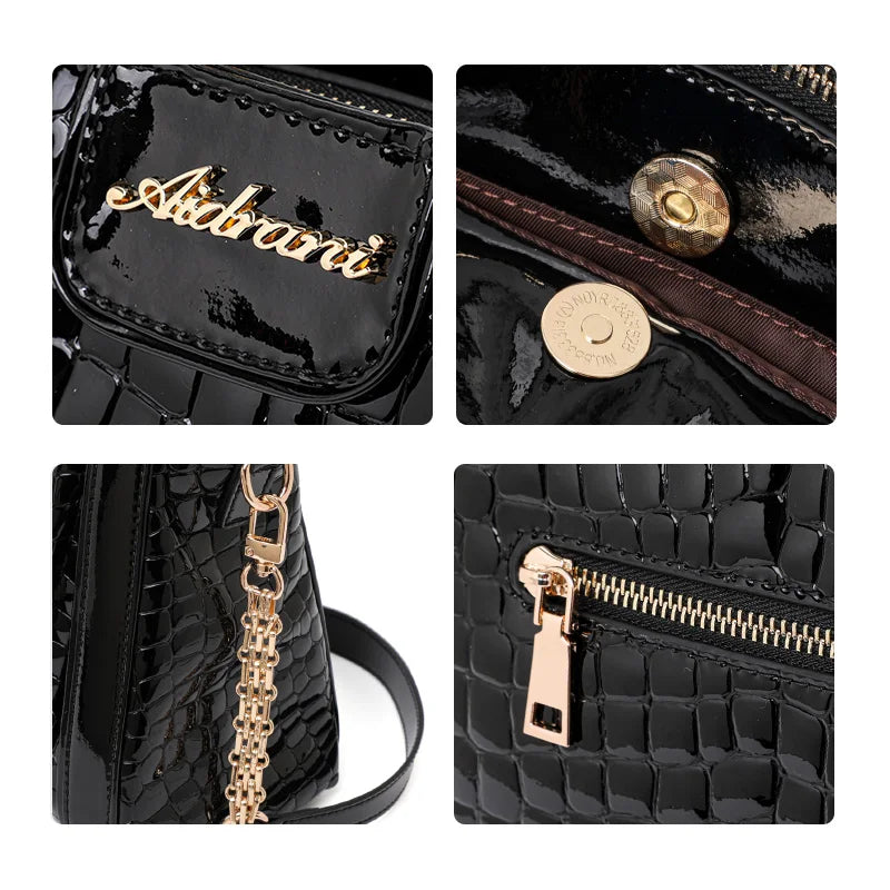 Aidrani New Glossy Croc Pattern Patent Leather Tote Bag Women Braided Handle Metal Chain Crossbody Daily Shoulder Handbag