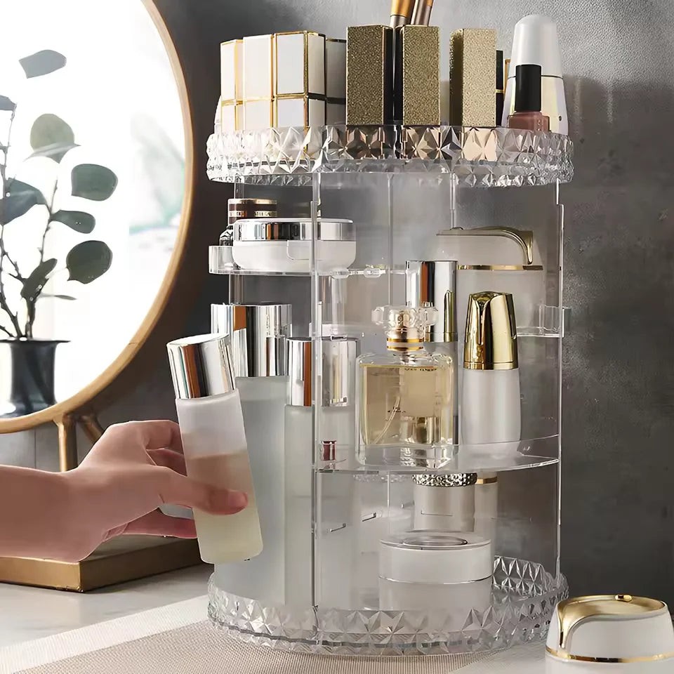 3-stöckiger Kosmetik-Organizer, drehbar um 360°, große Kosmetik-Aufbewahrungsbox mit Sichtfenster fürs Badezimmer