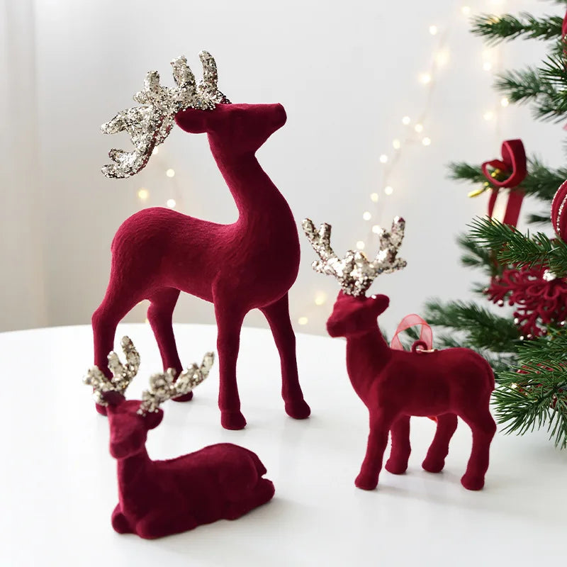 New Christmas elk glitter burgundy flocked deer ornament, Christmas tree pendant, Christmas home decoration handicraft