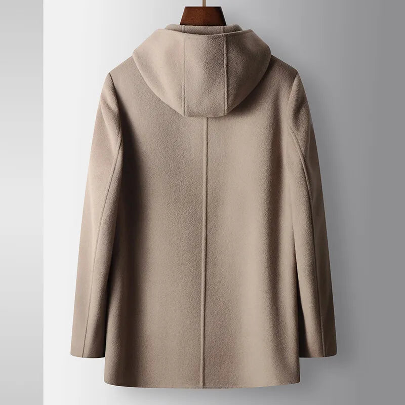 2024 Winter New Men's Hooded Medium to Long Woolen Coat with Thick Velvet for Warmth and Leisure, High End Fabric 100% Pure Wool
