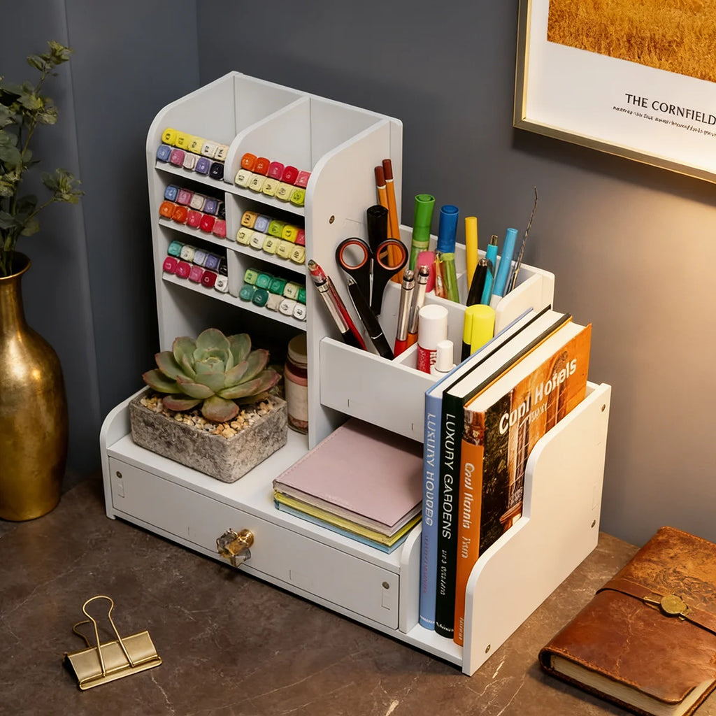 Wood-Grain Desktop Organizer with Drawer