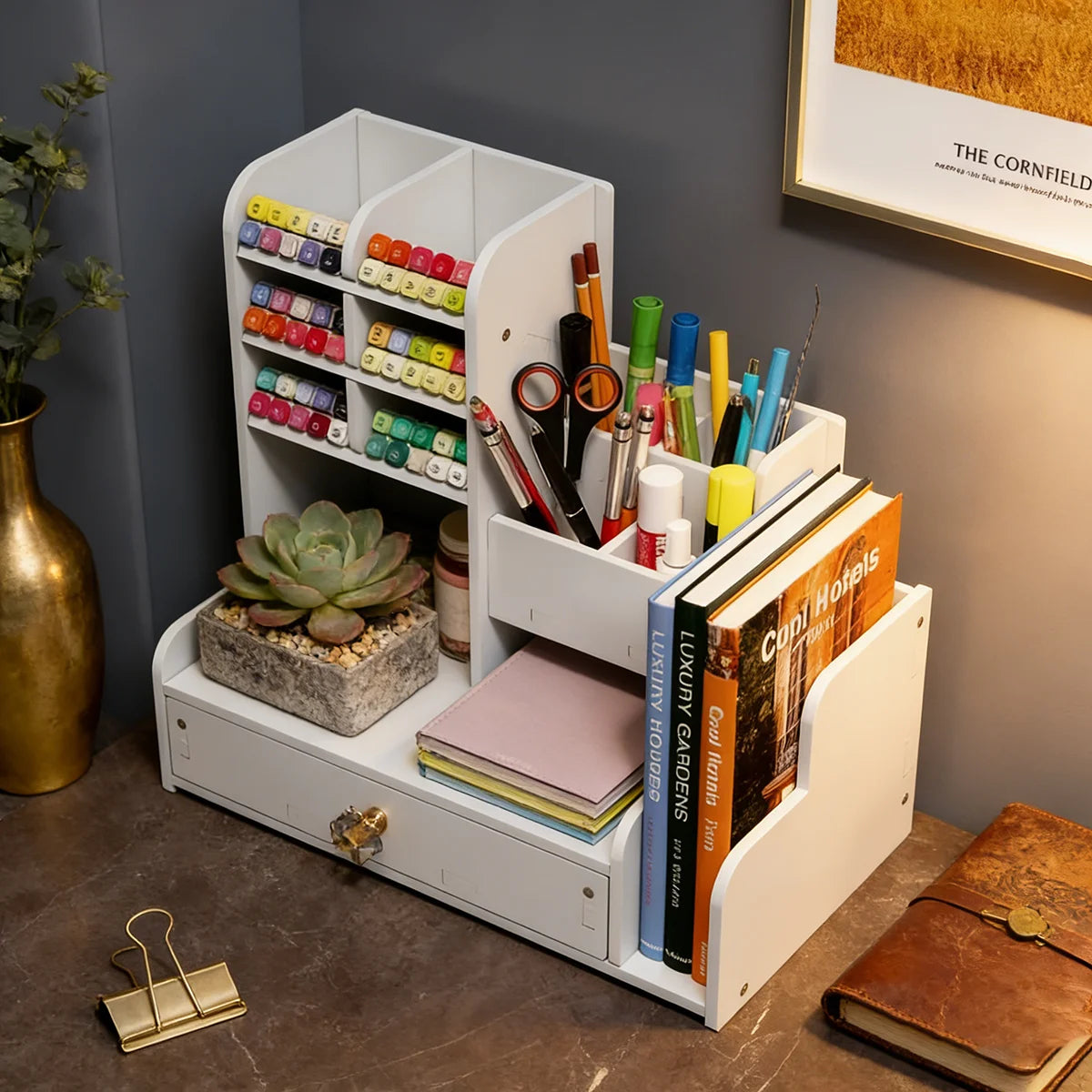 Wood-Grain Desktop Organizer with Drawer