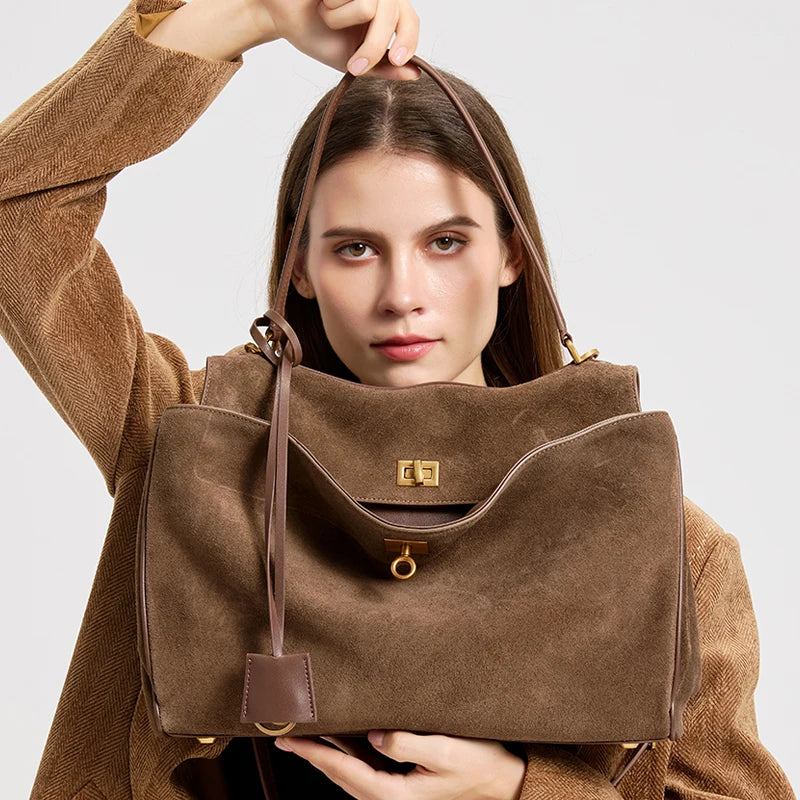 Suede Bags Women Genuine Leather Handbag Winter Luxury Brand Woman Shoulder Bag Totes Gold Buckle Large Capacity Female Bags