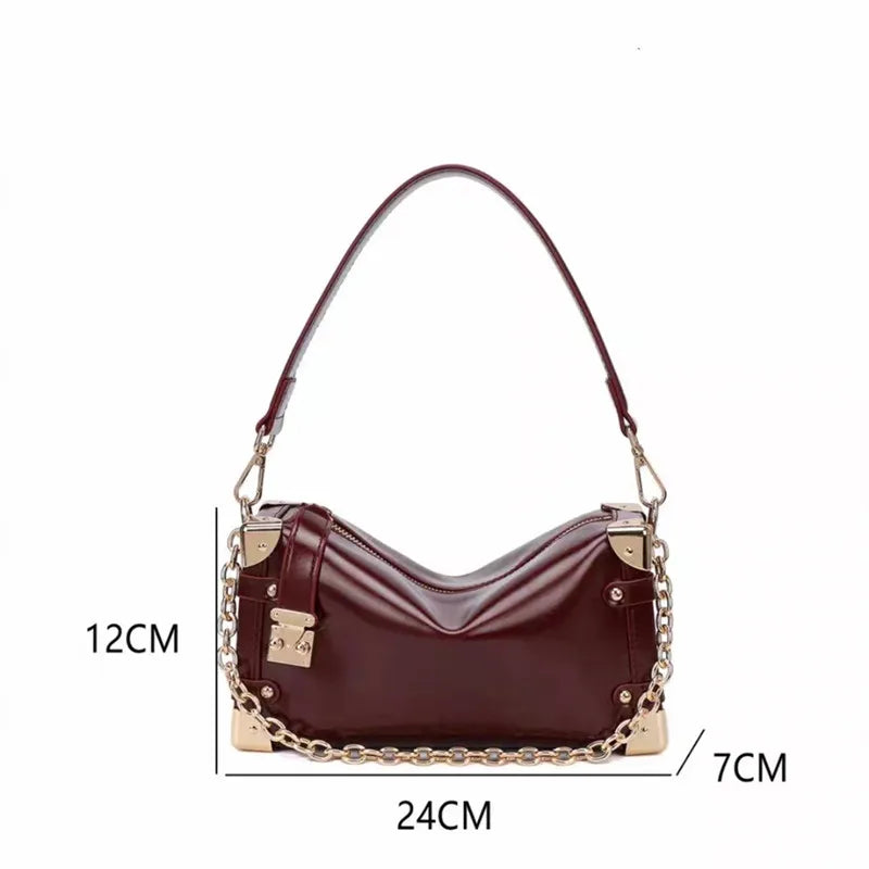Retro Genuine Leather Handbag Splicing Metal Heavy Industry Small Square Bag for Women 2024 Luxury High-end Shoulder Armpit Bag