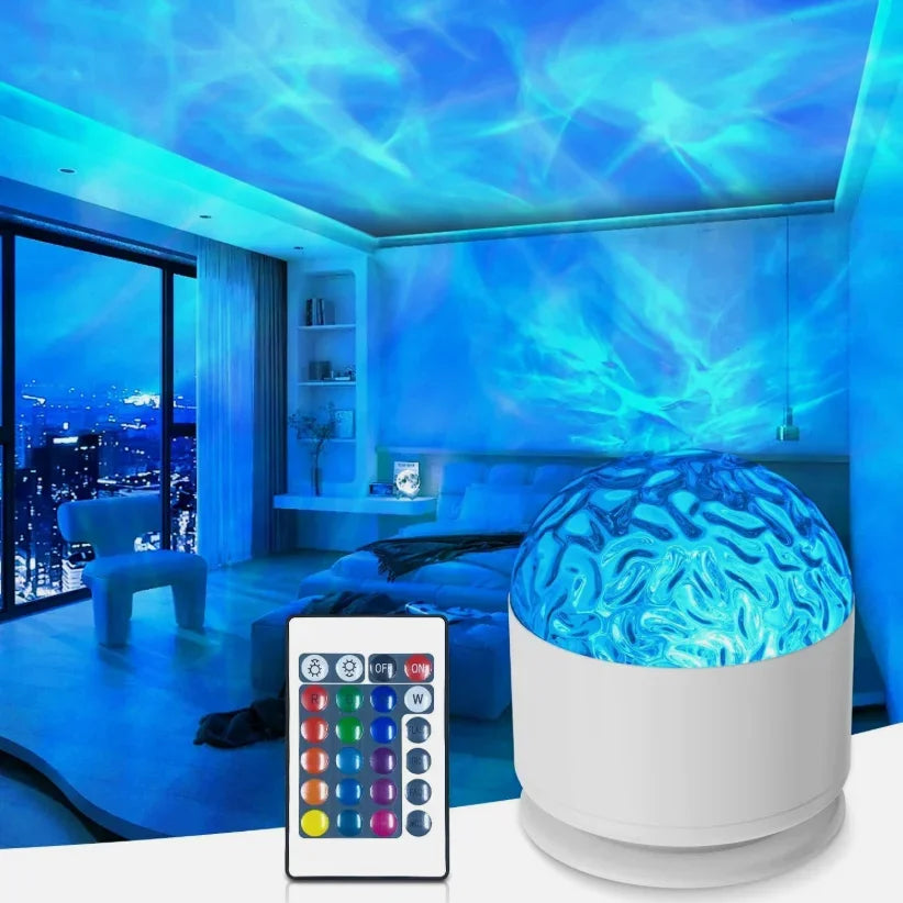 Projecteur de lumière 2 en 1 effet ondulation d'eau et aurore boréale, alimenté par USB avec LED 16 couleurs, télécommande et commandes tactiles, luminosité réglable et rotation à 360°, effet vagues apaisant pour salon, chambre, décoration intérieure