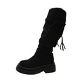 Bottes hautes pour femme à semelle épaisse, automne-hiver, plissées à franges, noires, nouvelle mode 2025, pointures 35 à 40