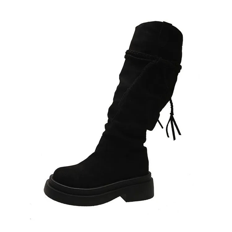 Bottes hautes pour femme à semelle épaisse, automne-hiver, plissées à franges, noires, nouvelle mode 2025, pointures 35 à 40