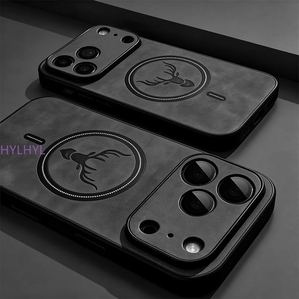 Luxury PU Leather Deer Magnetic Phone Case For iPhone 18 17 16 15 14 13 12 11 Pro Max Plus 16E For Magsafe Shockproof Back Cover