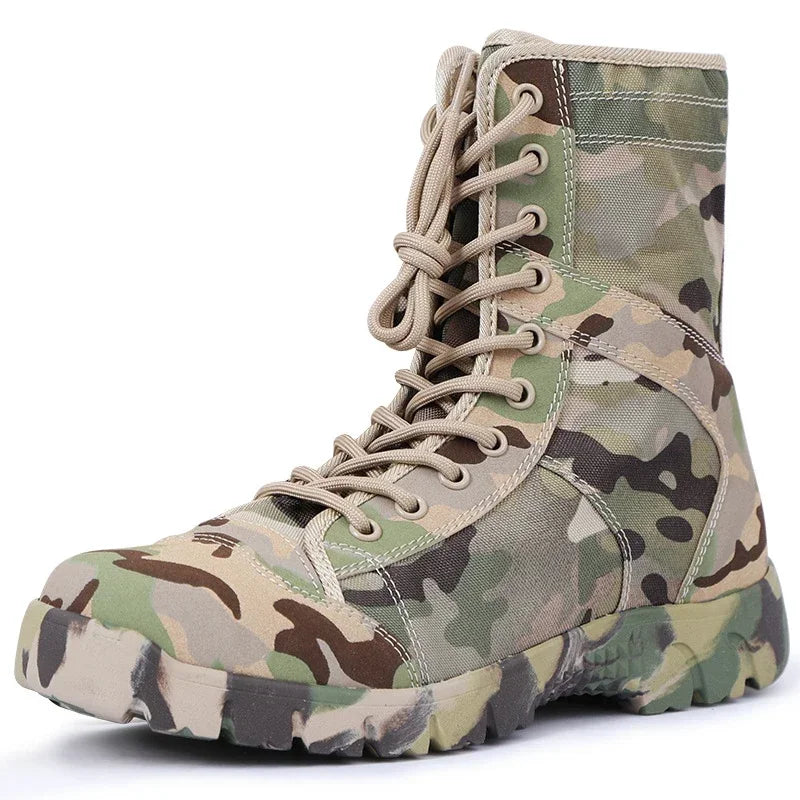 Bottes imperméables pour homme à lacets, bottines d’extérieur respirantes en toile camouflage, chaussures tactiques de combat pour le désert D139