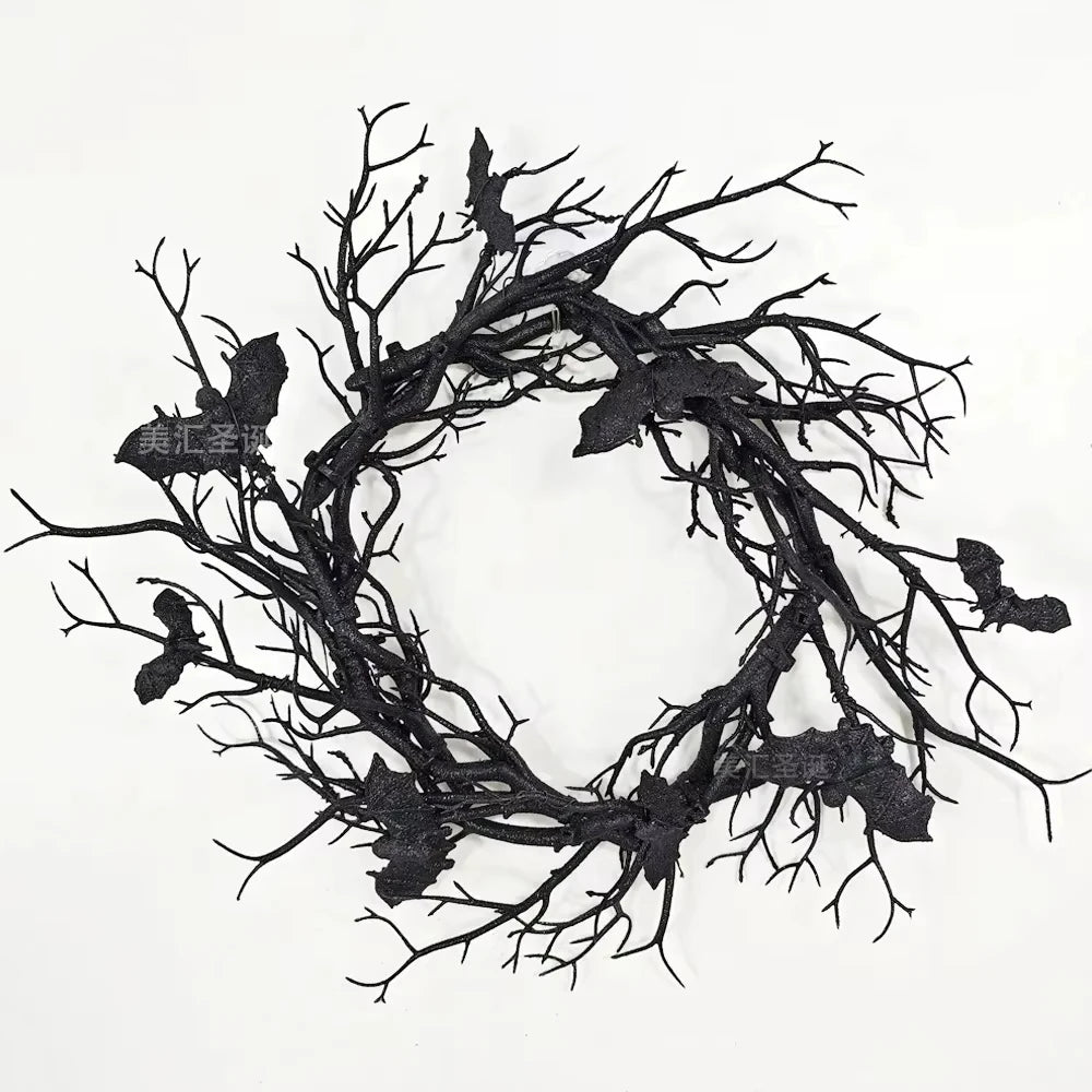 Halloween Artificial Wreath Bat Black Branch Wreaths Wreath For Front Door With LED Light Window Home Decor Halloween Decoration