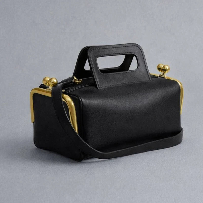 Alirattan 2026 New Arrival Women Black Retro Handle Handbag, Luxury Designer Gold Hardware Structured Shoulder Crossbody Bag