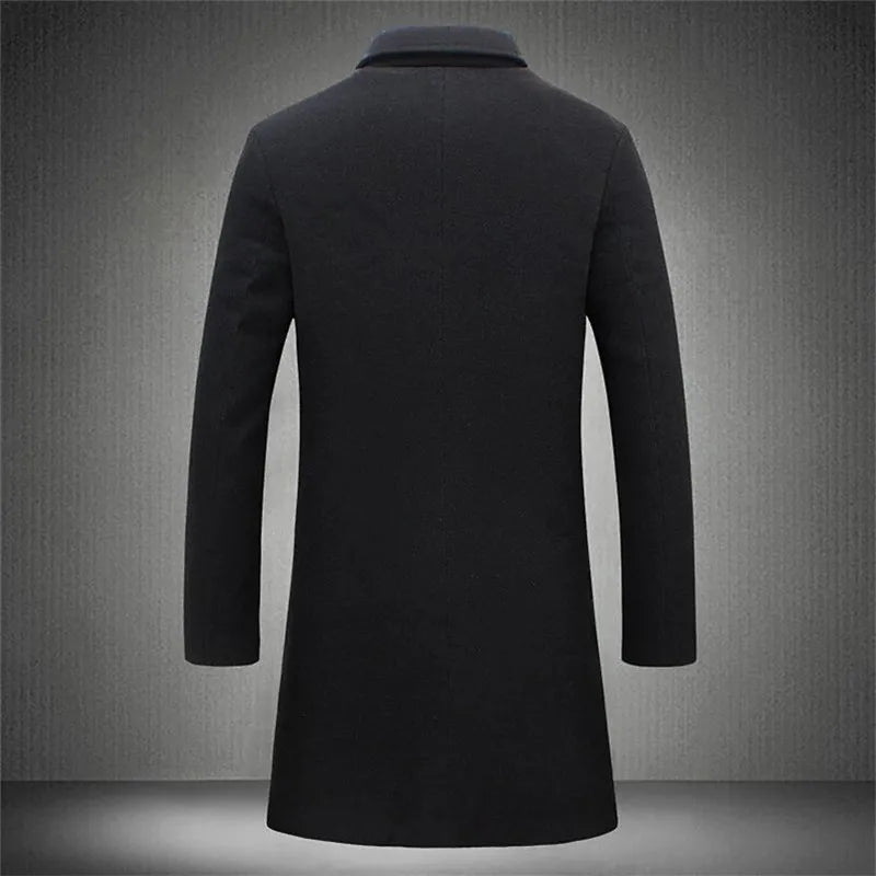 Autumn Winter Long Woolen Trench Coats Men Solid England Style Smart Casual Wool Blends Coat Turn Down Collar Warm Male Clothing