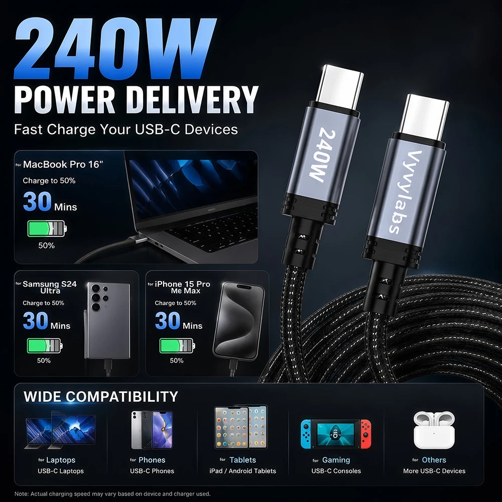 Vyvylabs 6Pack 240W Braided USB C to USB C Cable Fast Charging for iPhone 17 16 15 Pro Plus Max for Galaxy S25 S24 for iPad MacBook