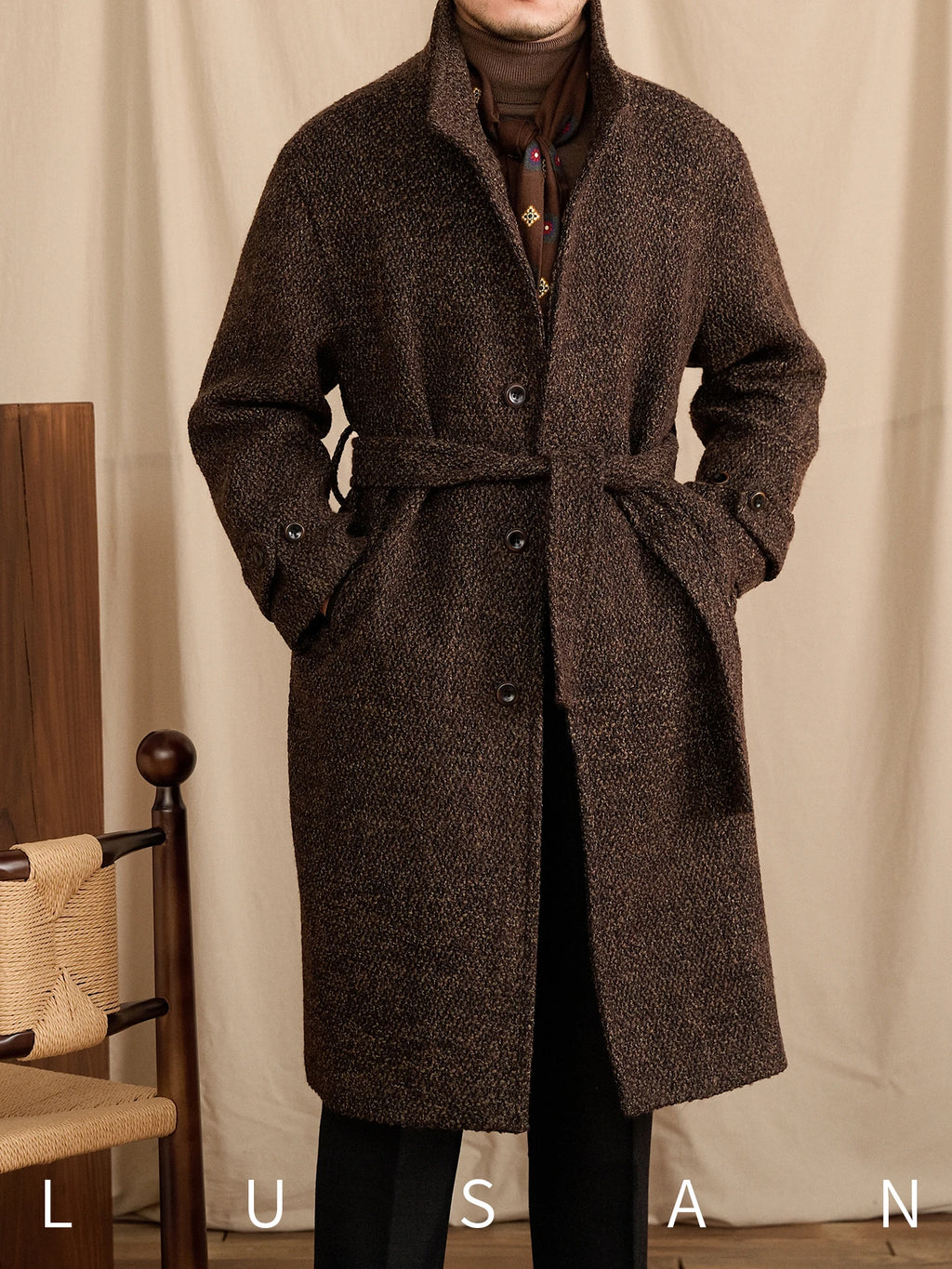 Men's Winter Warm Stand-Up Collar Long Coat 70% Wool Mid-Length Loop Commuting Coat for Business Casual
