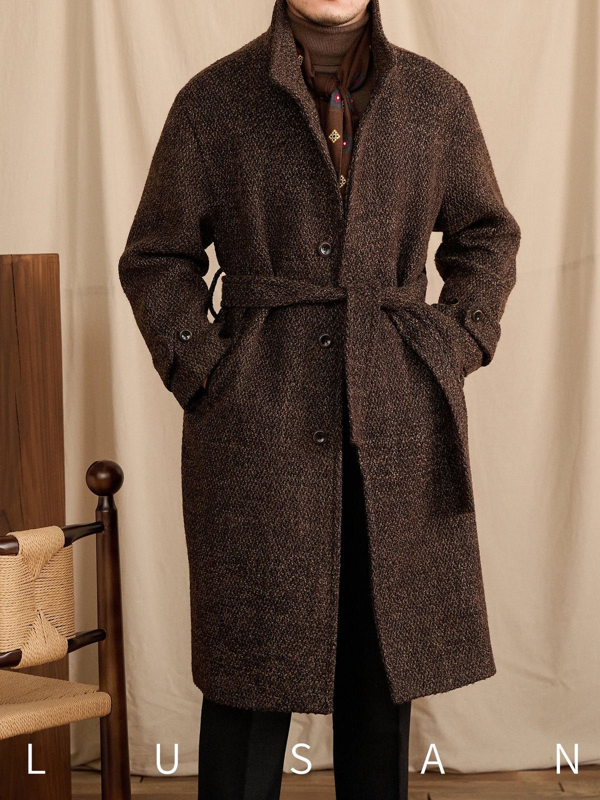 Men's Winter Warm Stand-Up Collar Long Coat 70% Wool Mid-Length Loop Commuting Coat for Business Casual