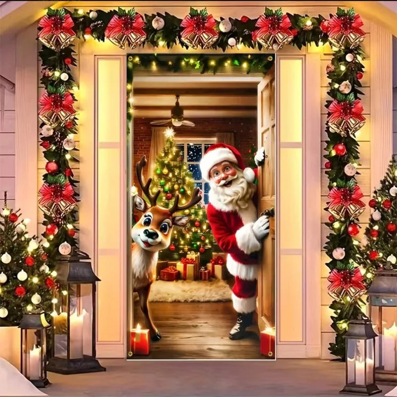 Funny Santa Christmas Door Banner, Humorous Porch Curtain Backdrop, Festive Party Hanging Decor for Garden, Bathroom, Home Xmas