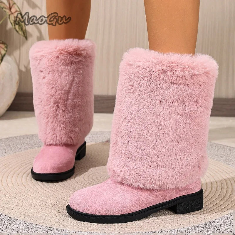 Winter-Plüschstiefel, Übergrößen 36–43, warme Outdoor-Stiefel bis zur Wadenmitte, schwarze Baumwollschuhe für Damen, zum Hineinschlüpfen, rosa Stiefeletten für Damen
