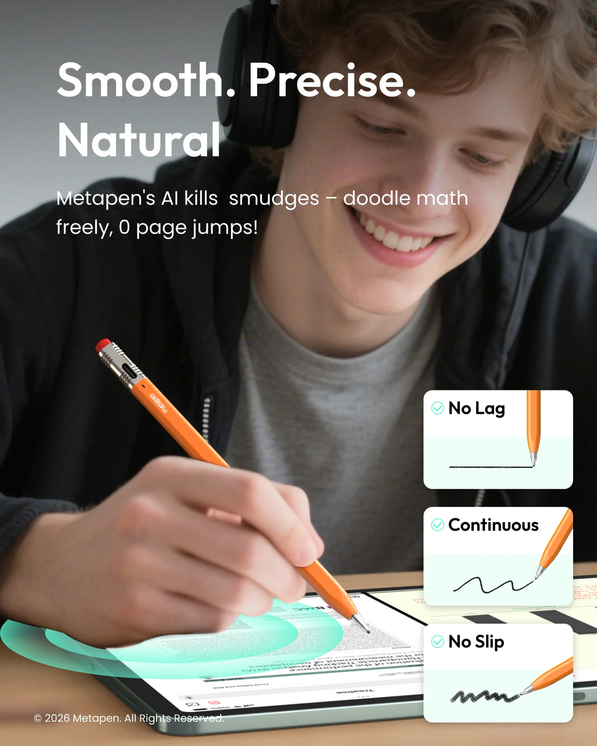 MetaPen Palm Rejection Stylus Pen for Apple Pencil, Ultra-Quiet, 26H Battery Life for iPad A16 Pro12.9/13 M4,Air 4/5/M3,Mini 5/6