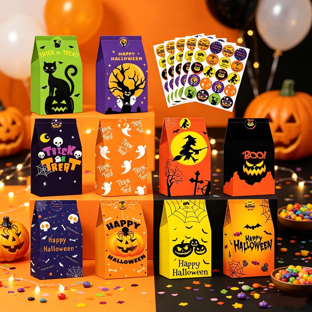 90Pcs Halloween Paper Gift Bags With Stickers Trick or Treat Candy Goodie Snack Bags Kids Halloween Party Favor Decor Supplies