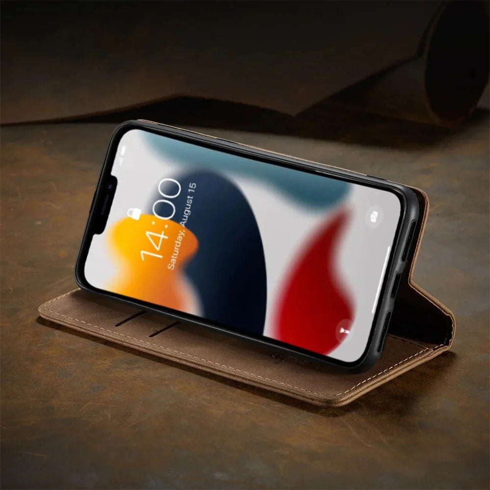 Matte Leather Flip Cover for iPhone 11 12 13 14 15 16e 17 18 Pro Max Mini Air Wallet Case XR XS 8 5S SE 2020 2022 Magnetic Retro
