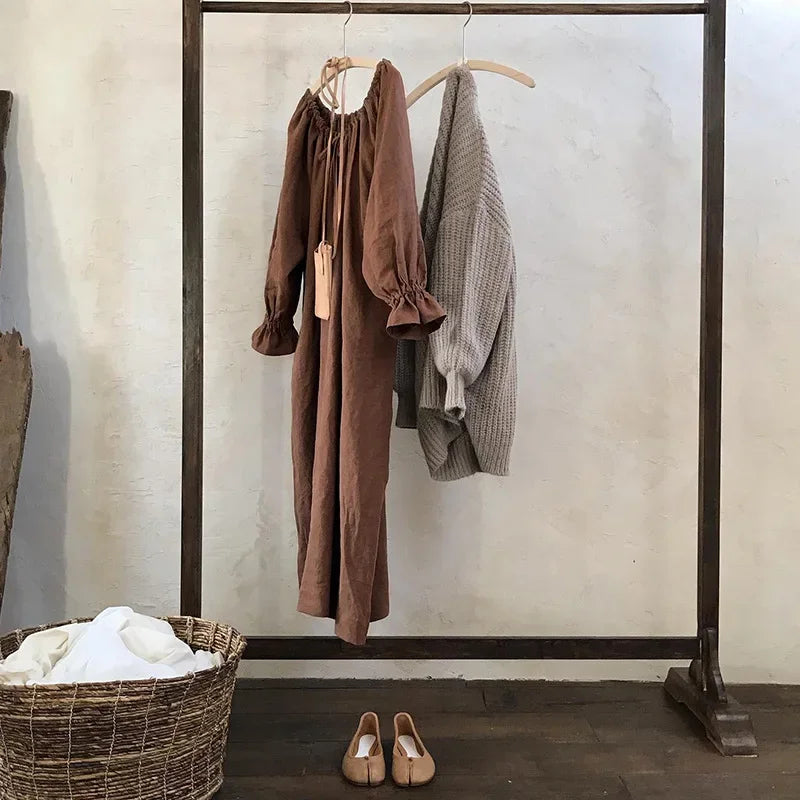 Abito midi da donna in cotone e lino con maniche a lanterna
