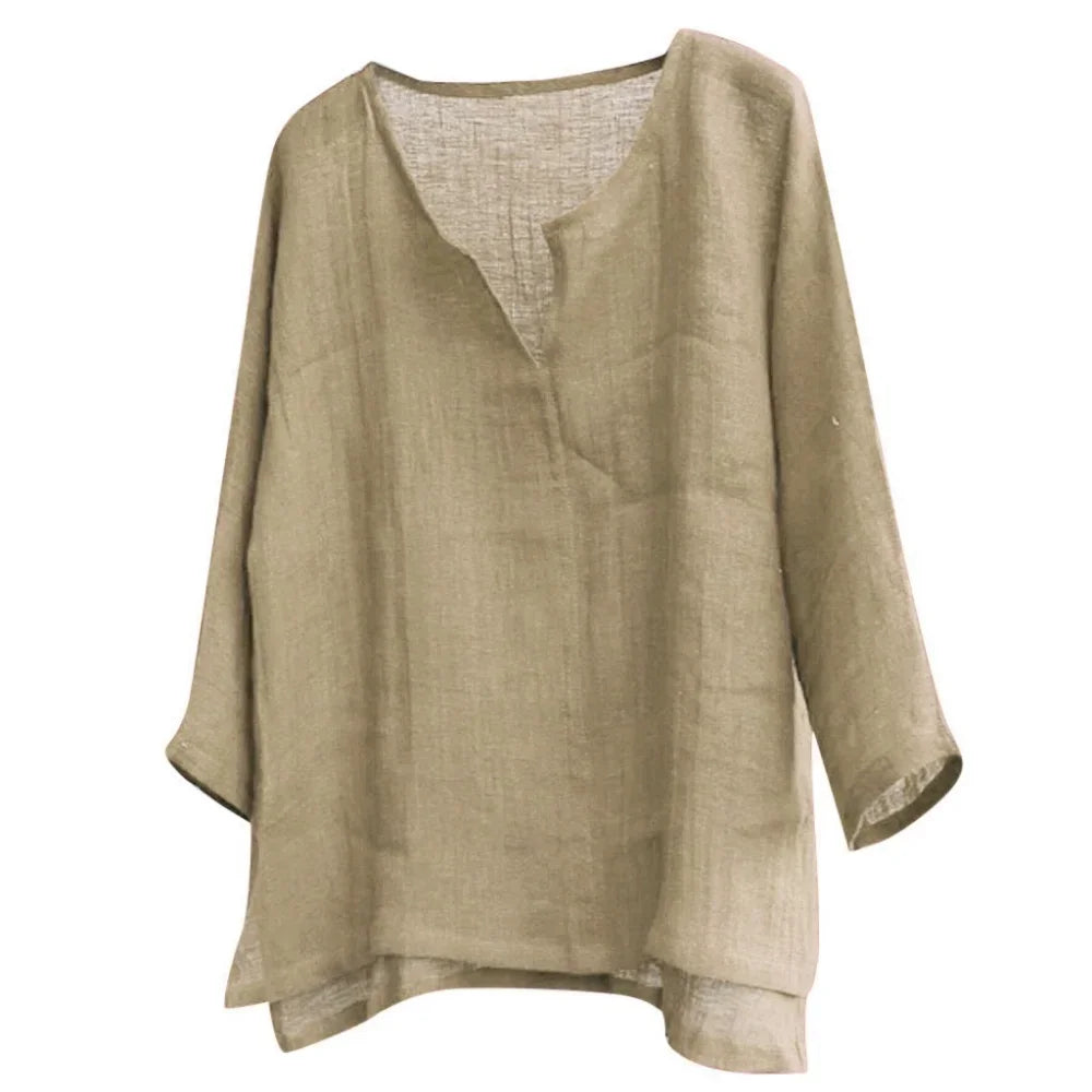 New Summer Autumn Women's Linen Cotton T-shirts Solid Color V Neck Top Casual Loose Long Sleeve Lightweight Pullovers