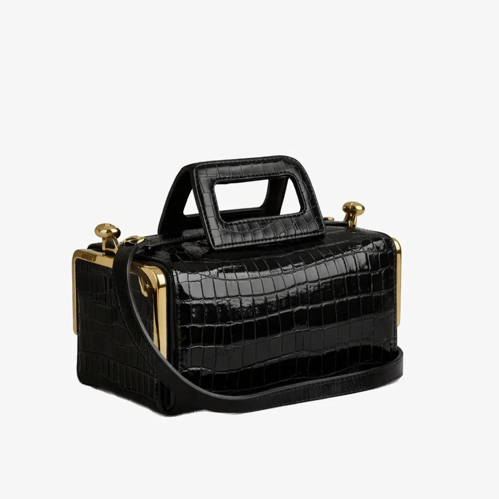 Alirattan 2026 New Arrival Women Black Retro Handle Handbag, Luxury Designer Gold Hardware Structured Shoulder Crossbody Bag