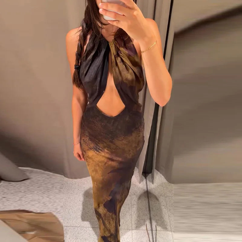 Langes Damen-Maxikleid mit Blumenmuster und V-Ausschnitt
