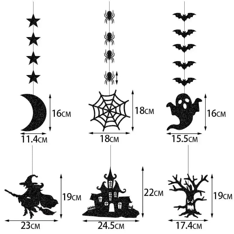 Lot de 6 guirlandes suspendues d’Halloween avec araignées effrayantes, sorcières, fantômes et chauves-souris, décorations pour une joyeuse fête d’Halloween à la maison