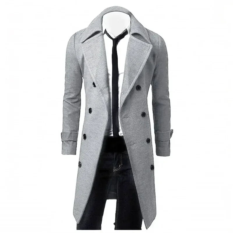 Mens Double Breasted Trench Coat Wool Blend 2026 Autumn Winter Solid Casual Slim Fit Long Jacket Wool Coat Fashion Mens Clothing