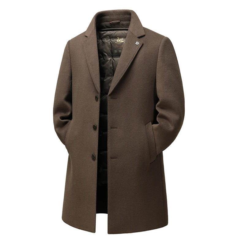 Casual Men's Long-Length Woolen Coats 2026 Winter Detachable Duck Down Liner Overcoat Outwear Warm Wool Windbreaker Puffer Coats