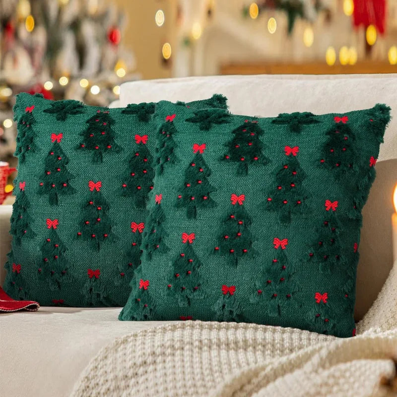 1/2 Stück Weihnachtskissenbezüge mit bestickter Schleife, Polyester-Flanell, Tannenbaumdesign, Sofakissen, festliche Partydekoration, nur Kissenbezug