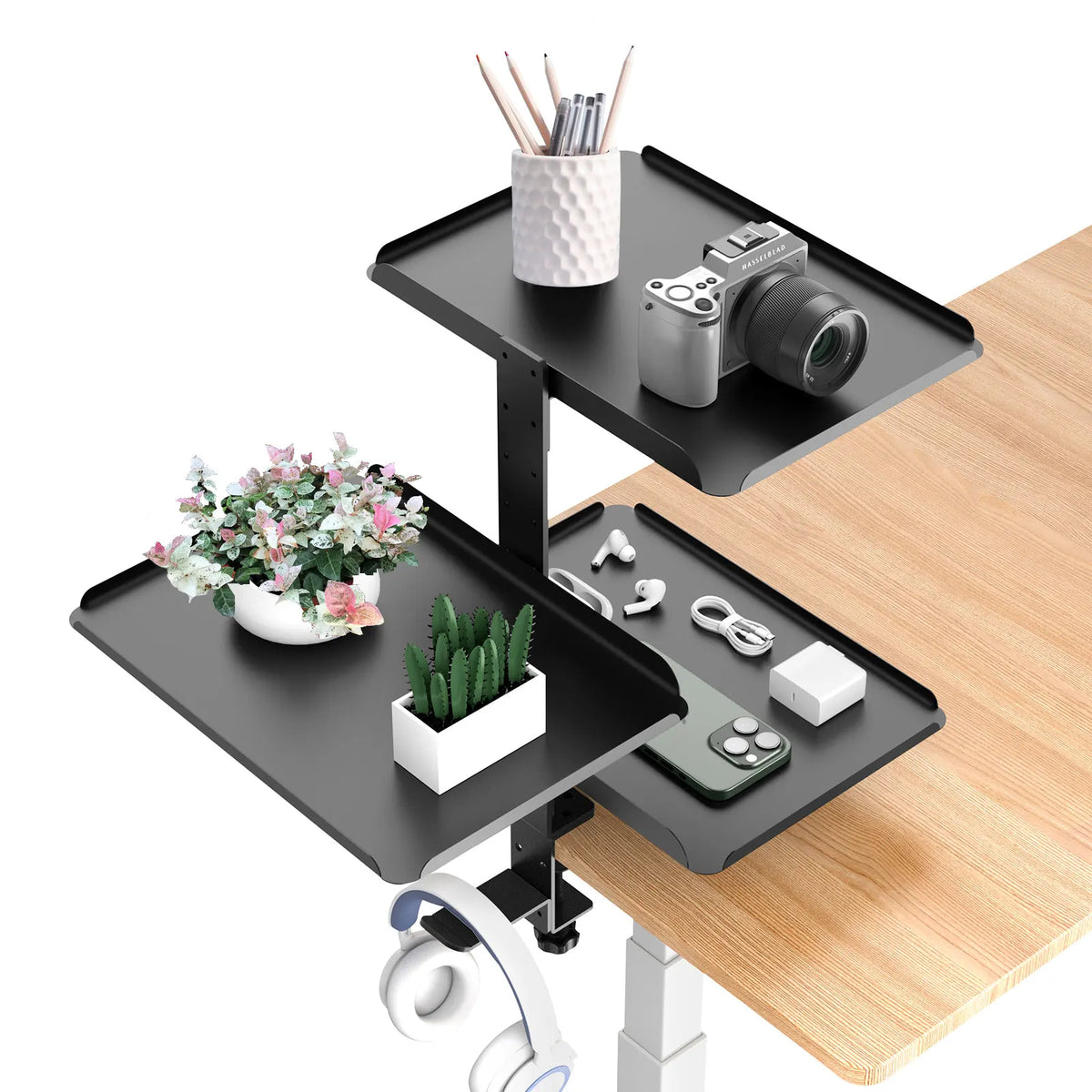 Clamp-On 3-Tier Steel Desk Organizer with Headphone Hook