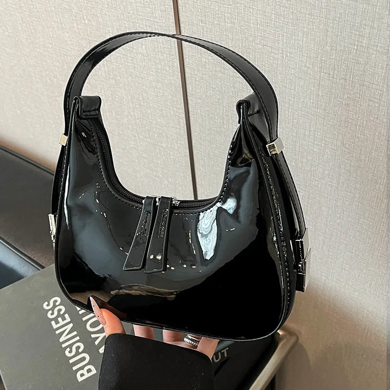 2026 New Patent Leather Hobo Bag for Women Shiny Minimalist Underarm Shoulder Bag Trendy Versatile Handbag Daily Commute Dating