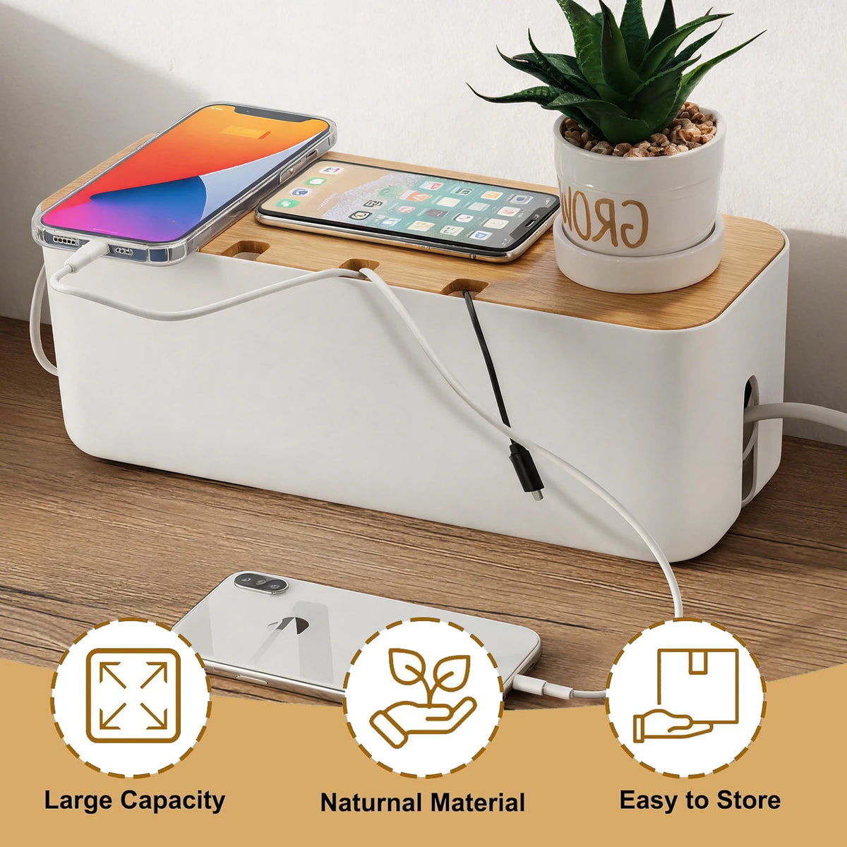 Cable Organizer Box with Bamboo Lid