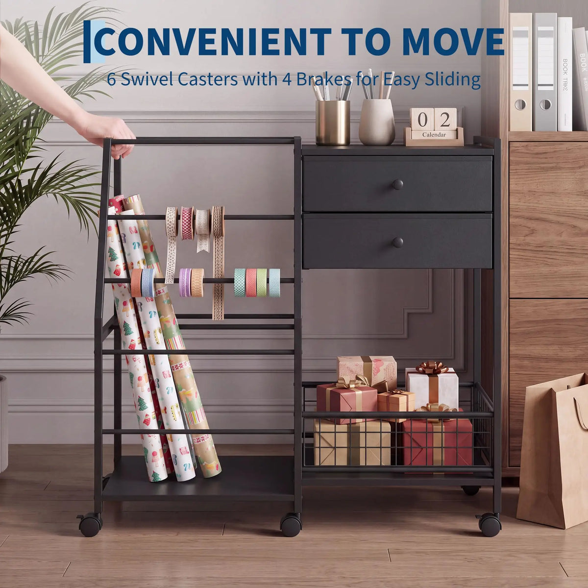 3-Tier Rolling Gift Wrap Organizer Cart with 2 Drawers Mobile Storage For Wrapping Paper Ribbons Gift Bags And Craft Supplies
