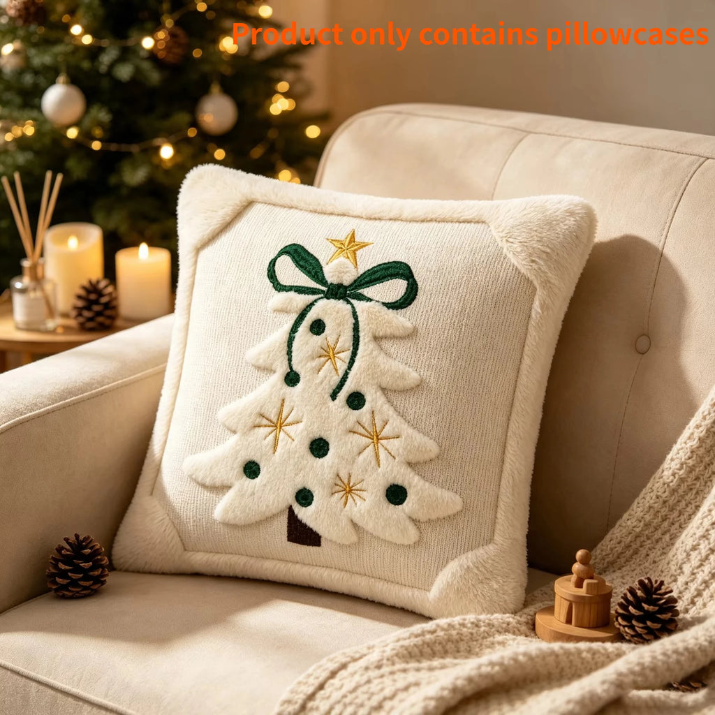 3D-Jacquard-Kissenbezug mit Winterplüsch und gestickter Schleife und Stern, Weihnachtsdekoration, 45 x 45 cm, Geschenk zu Weihnachten und Neujahr