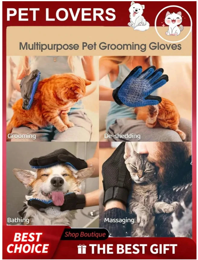 Pet Grooming Kit: Pet Hair Remover Glove + Bath Brush Set, Dog and Cat Massage Shower Brush, Pet Deshedding Glove for Dogs and Cats