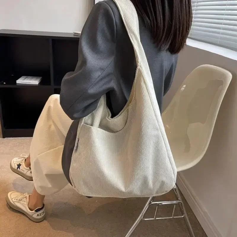 Canvas Shoulder Women's Tote Bag Corduroy Simple Casual Large Capacity Designer Handbags For Women Travel Solid Shopper Bag