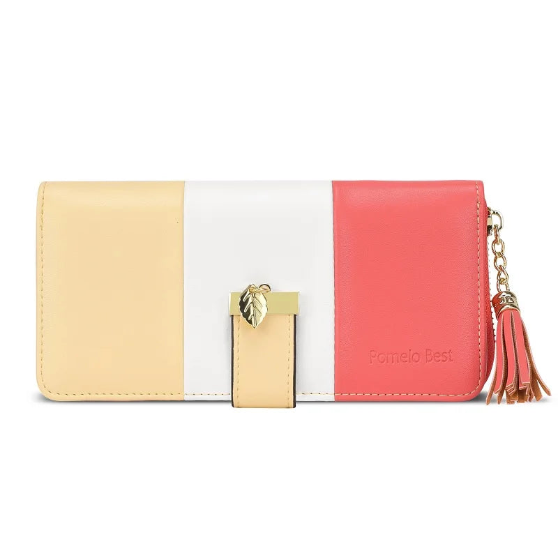 Pomelo Best 2026 Women RFID Wallet Color Block PU Clutch Multi Card Slots Phone Compartment Zipper Ladies Travel Coin Purse