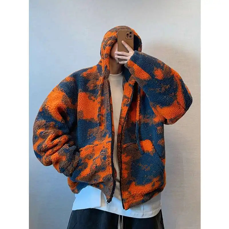 Large-sized men's autumn and winter retro, cool and stylish orange firecloud tie-dyed hooded lambskin warm thick coat