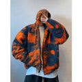 Large-sized men's autumn and winter retro, cool and stylish orange firecloud tie-dyed hooded lambskin warm thick coat