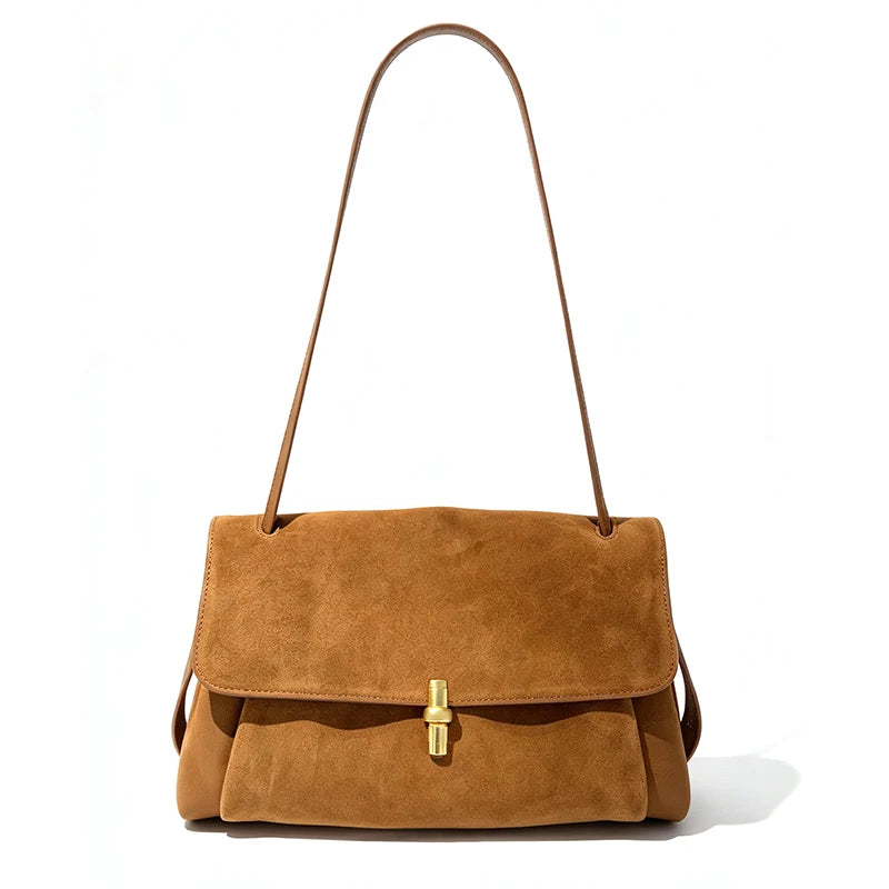 Genuine Suede Women's Bag 2026 Luxury Designer Shoulder Bags Flap Lock Lady Tote Handbag Natural Real Leather Commute Bags Woman