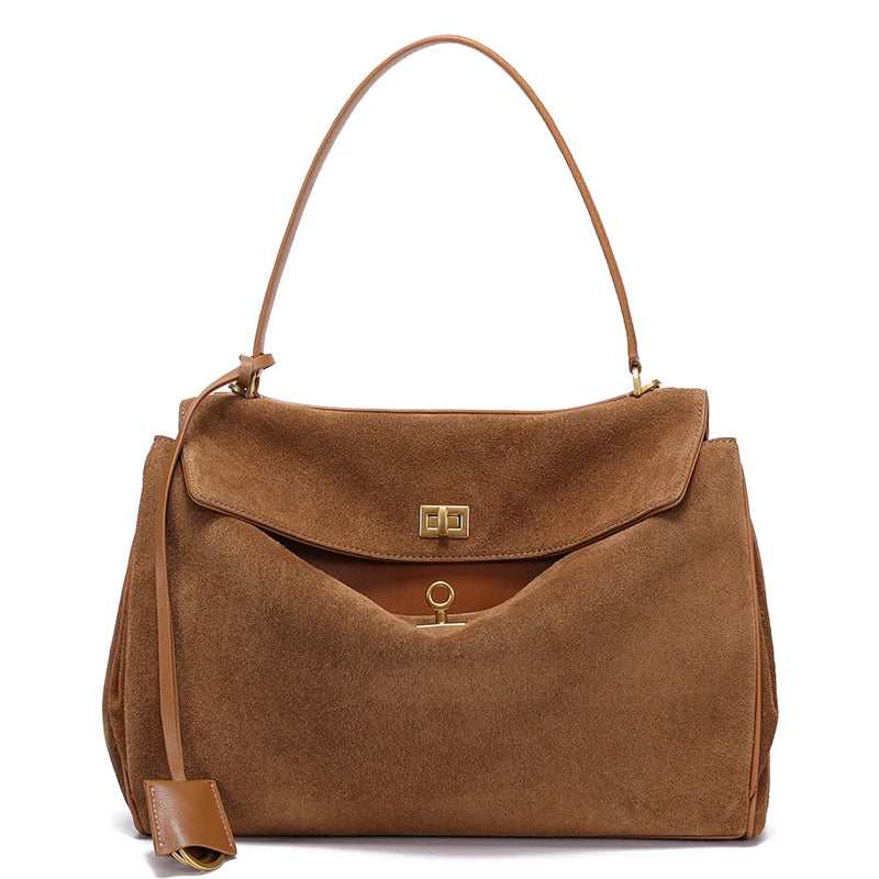 Suede Bags Women Genuine Leather Handbag Winter Luxury Brand Woman Shoulder Bag Totes Gold Buckle Large Capacity Female Bags