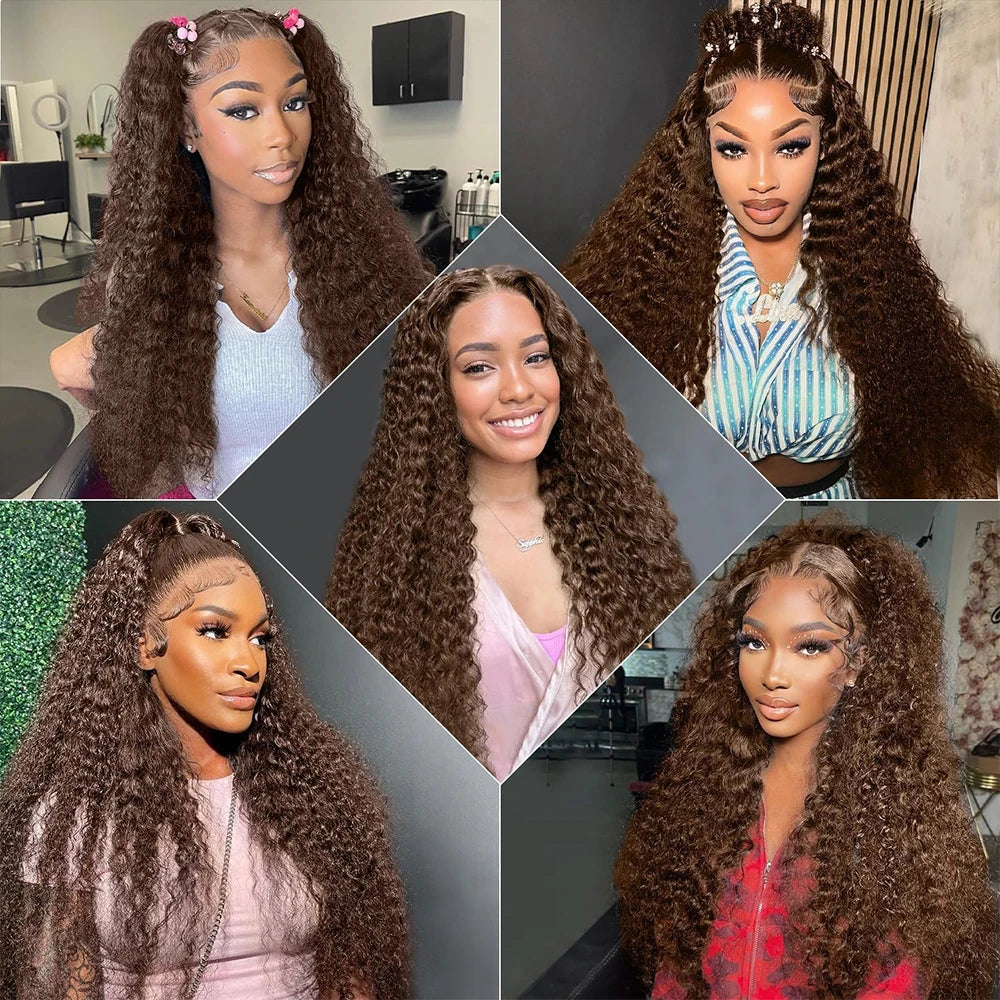 #4 Chocolate Brown Colored Water Wave Human Hair Bundles With HD Transparent Lace Closure Frontal Wet and Wavy Weave Deep Curly Wave Human Hair Extensions for Black Women