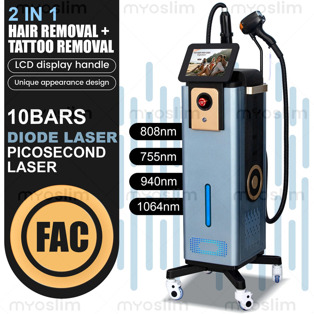 Épilation laser à diode 4 longueurs d'onde, machine de détatouage Pico, 755 nm, collimation FAC, système de refroidissement par glace, écran tactile pliable