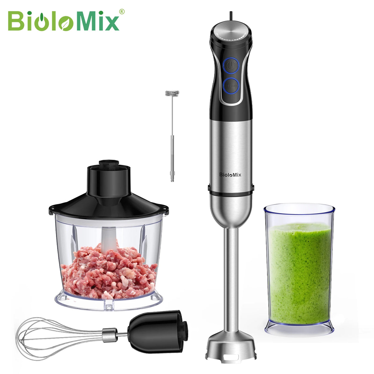 BioloMix 1500W 5-in-1 Immersion Hand Blender with 304 Stainless Steel Blade for Puree, Smoothies, and Baby Food Preparation